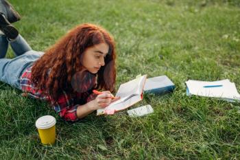 Female student preparing for exams on the grass in summer park. Ginger teenager studying and leisures outdoors