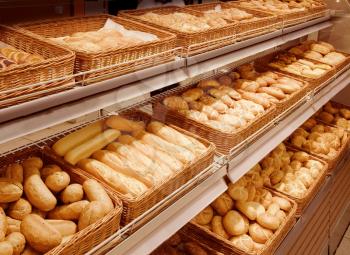 Variety of baked products at a supermarket 