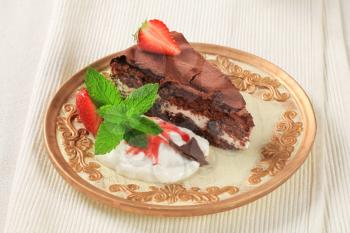 Delicious chocolate cake sprinkled with cocoa powder 