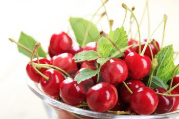 Bowl of freshly picked red cherries - detail