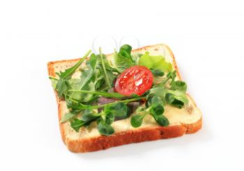 Slice of bread with mixed salad greens