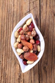 Bowl of dried fruit and nuts - overhead