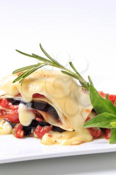 Tomato and aubergine lasagna topped with cheese