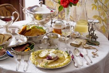 Still life of traditional Czech meals and vintage tableware