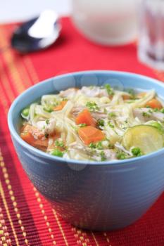 Bowl of chicken soup with noodles and vegetable