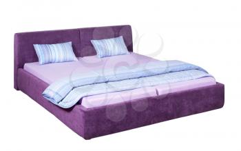 Suede double bed with light blue bed linen