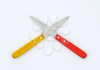 two kitchen knives with colored wooden handles