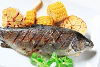 Grilled trout with sweet corn and garlic