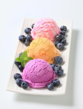 Scoops of ice cream with fresh blueberries