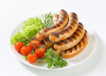 Pile of grilled German sausages