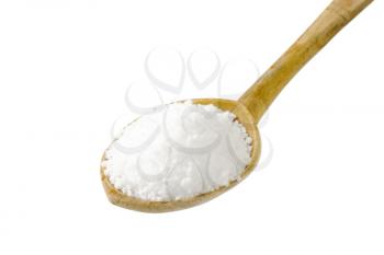 Coarse grained salt on wooden spoon isolated on white