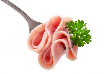 slices of ham on a fork isolated on white
