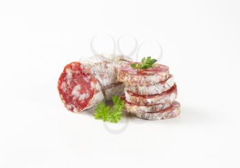 Slices of French dry cured sausage