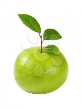ripe green grapefruit with leaves on white background