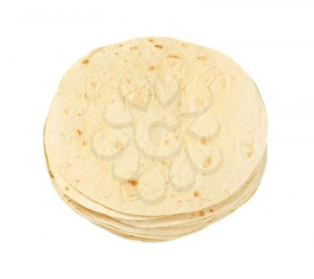 A stack of homemade tortillas on white background