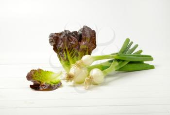 bunch of spring onions and head of fresh lettuce on white wooden background