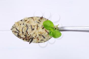 spoon of wild rice on white wooden background