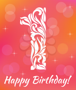 Bright Greeting card Invitation Template. Celebrating 1 years birthday. Decorative Font with swirls and floral elements.