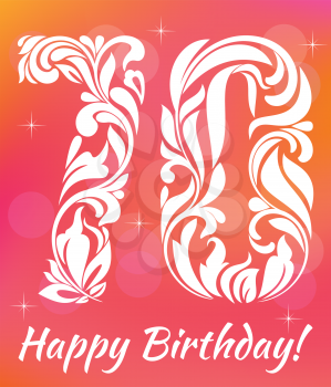 Bright Greeting card Template. Celebrating 70 years birthday. Decorative Font with swirls and floral elements.