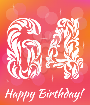 Bright Greeting card Template. Celebrating 64 years birthday. Decorative Font with swirls and floral elements.