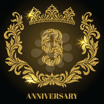 Anniversary of 9 years. Digits, frame and crown made in swirls and floral elements with gold glitter and sparkle