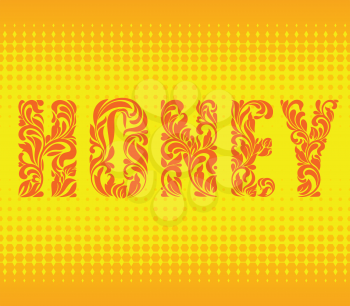 HONEY. Decorative Font made in swirls and floral elements on a yellow abstract background with honeycombs