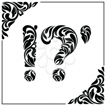 Question mark, exclamation mark and apostrophe. Decorative Font made of swirls and floral elements. Vintage style