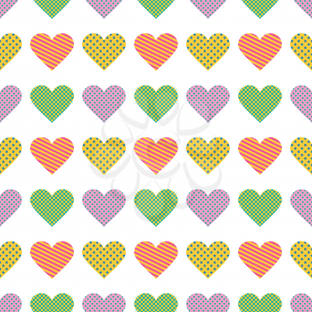 Seamless pattern. Color hearts with different patterns isolated on white background. The pattern is suitable for wrapping paper, background, wallpaper, design
