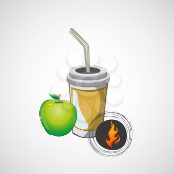 Vector sketch paper cup with straw and apple.