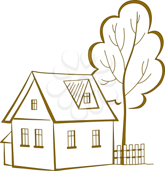 Landscape: cartoon, country house with a tree, monochrome symbolical pictogram. Vector