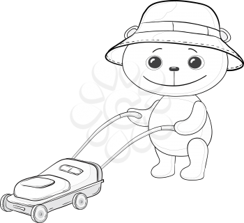 Cartoon, teddy bear lawnmower work with the lawn mower contours. Vector