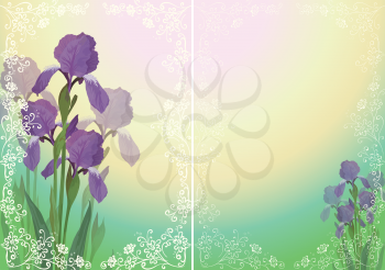 Background for greetings card with flower iris and floral outline pattern. Vector eps10, contains transparencies
