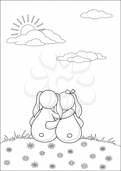 Cartoon rabbits having embraced on flower meadow, contours. Vector
