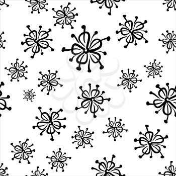 Seamless floral pattern, symbolical flowers and leafs, black contour on white background. Vector