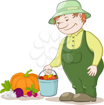 Vector, men gardener with a crop of ripe vegetables