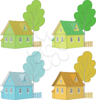 Set cartoon colorful houses and trees isolated on white background. Vector