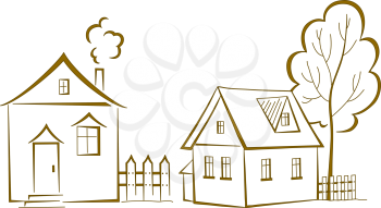 Cartoon, landscape: two houses with a tree, monochrome symbolical pictogram. Vector