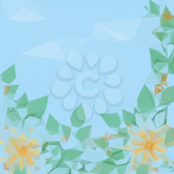Symbolical Low Poly Flowers and Leaves on a Background of Blue Cloudy Sky. Vector
