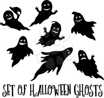 Set for Holiday Halloween Design, Flying Ghosts, Cartoon Character with Different Emotions, Black Silhouettes Isolated on White Background. Vector