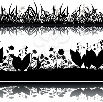 Horizontal Seamless Pattern, Summer Landscape, Flowers and Grass Black Silhouettes and Reflection in Water or Shadow, Isolated on White Background. Vector