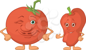 Cartoon vegetable friends, characters tomato and pepper. Vector