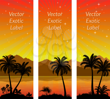 Labels with Tropical Landscape, Palms Trees and Exotic Plants Black Silhouettes on Background with Morning Sea, Mountains and Birds Gulls. Vector