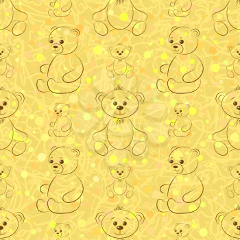 Cartoon Teddy Bears, Seamless Pattern, Outline Pictograms, Contours on Tile Brown and Yellow Background. Vector