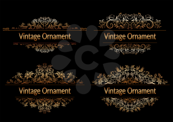 Decorative Golden Frame with Vintage Ornament, Floral Pattern, Flowers and Butterflies Silhouettes on Black Background. Vector