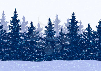 Seamless Horizontal Winter Landscape with Christmas Coniferous Trees and Snowflakes, Tile Holiday Background. Vector