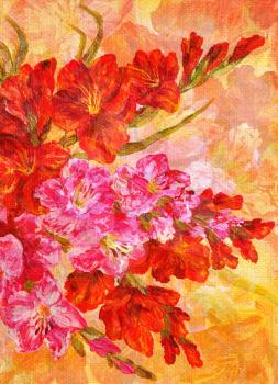 Picture Oil Painting on a Canvas, a Bouquet of Flowers Gladiolus