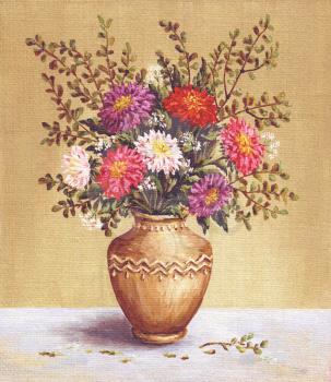 Picture, still-life, bouquet asters in a clay vintage amphora. Hand draw oil paintings on a canvas