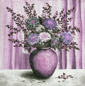 Picture, still-life, bouquet asters in a clay pot. Hand draw oil paints on a canvas.