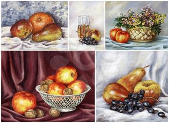 Food, fruits: apples, nuts, orange, grape, juice. Pictures oil paints on a canvas, set