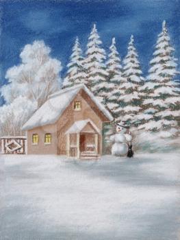 House in winter Forest and snowman. Picture, pastel, hand-draw on paper
